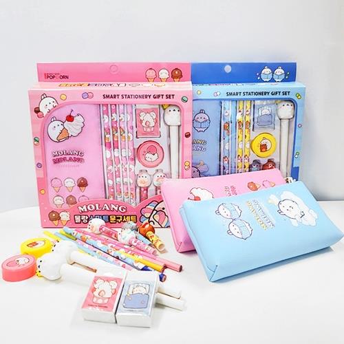 Molang Best School Stationery Set - Kawaii Korean Kit (Pencil 3pcs, Eraser,  Sharpener, Case, 6-Color Ballpoint Pen, Figure, Ruler) - Complete Supplies